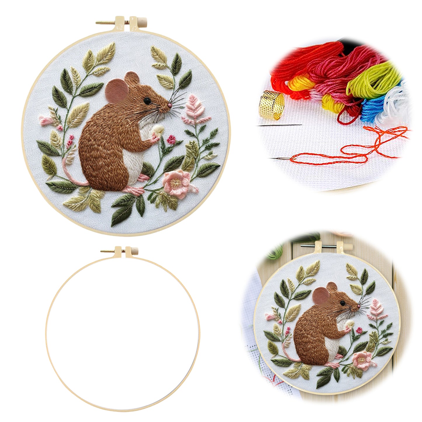Mouse - DIY Embroidery Cross Stitch Kit with Pattern Cotton Threads Needles Hoop 30x30CM/11.81x11.81in