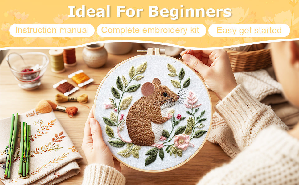 Mouse - DIY Embroidery Cross Stitch Kit with Pattern Cotton Threads Needles Hoop 30x30CM/11.81x11.81in