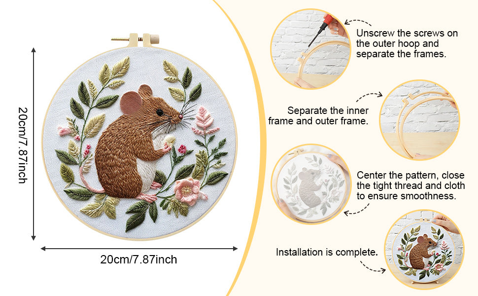Mouse - DIY Embroidery Cross Stitch Kit with Pattern Cotton Threads Needles Hoop 30x30CM/11.81x11.81in