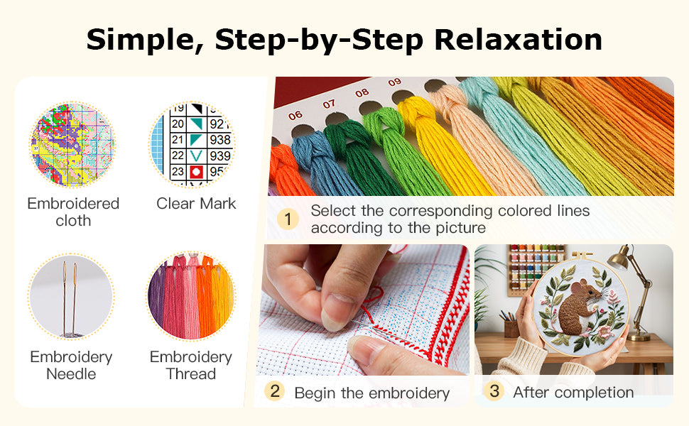 Mouse - DIY Embroidery Cross Stitch Kit with Pattern Cotton Threads Needles Hoop 30x30CM/11.81x11.81in