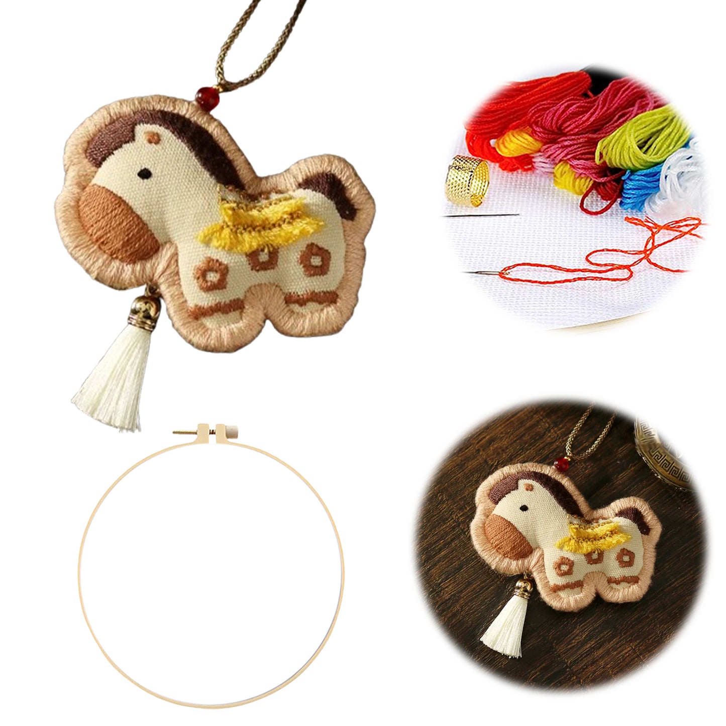 Horse Car Pendant DIY Embroidery Ornaments Kit for Adults Beginners Gift (Brown)