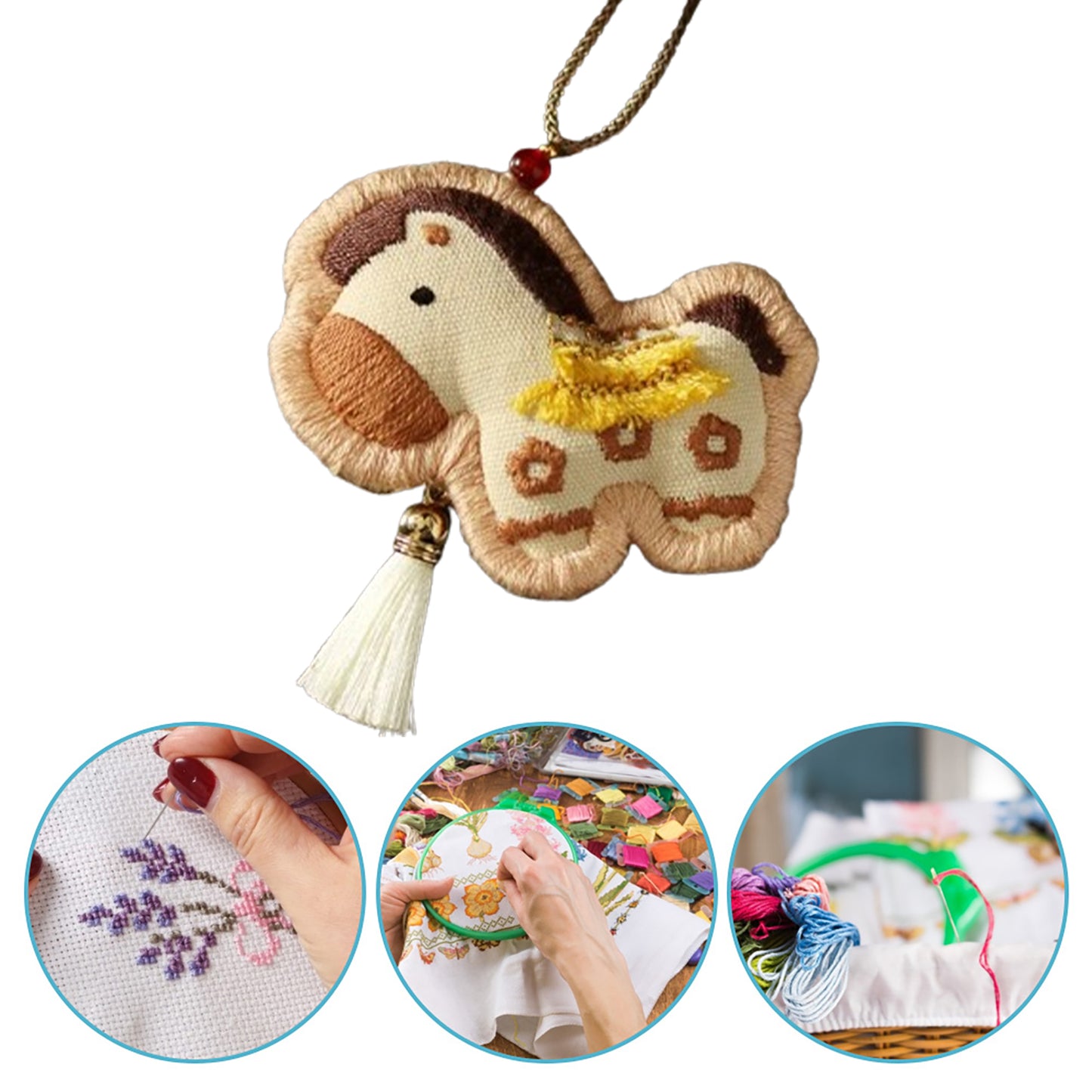 Horse Car Pendant DIY Embroidery Ornaments Kit for Adults Beginners Gift (Brown)