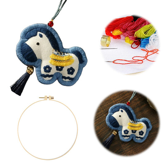 Horse Car Pendant DIY Embroidery Ornaments Kit for Adults Beginners Gift (Blue)