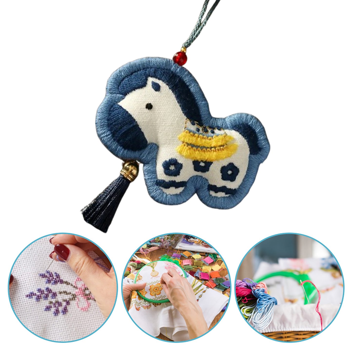 Horse Car Pendant DIY Embroidery Ornaments Kit for Adults Beginners Gift (Blue)