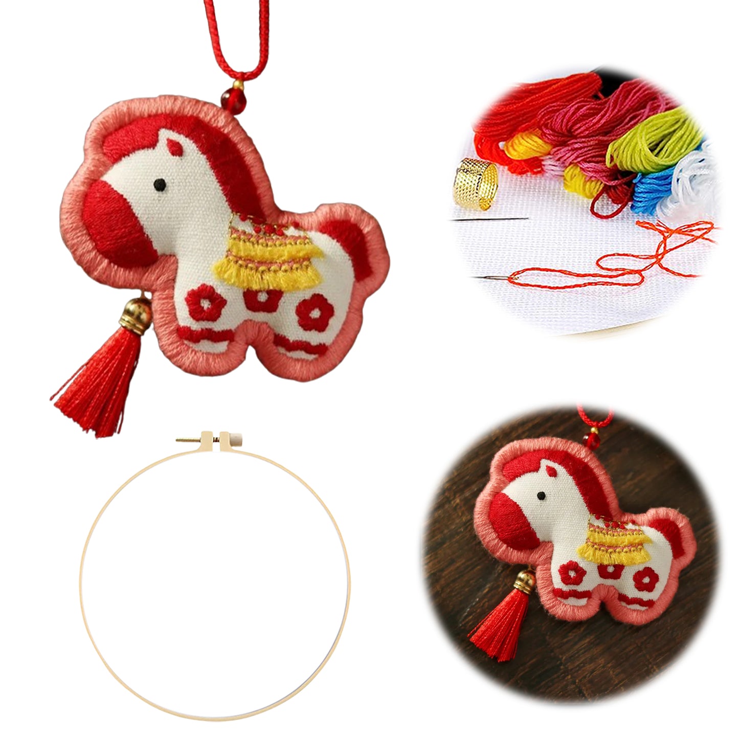 Horse Car Pendant DIY Embroidery Ornaments Kit for Adults Beginners Gift (Red)