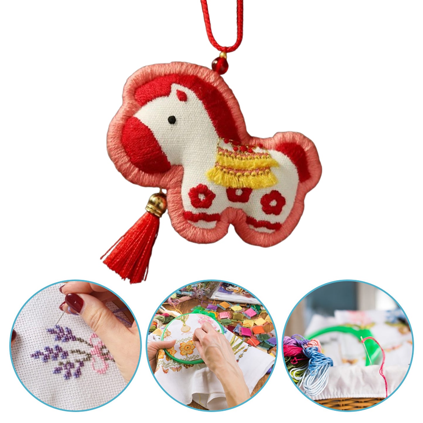 Horse Car Pendant DIY Embroidery Ornaments Kit for Adults Beginners Gift (Red)
