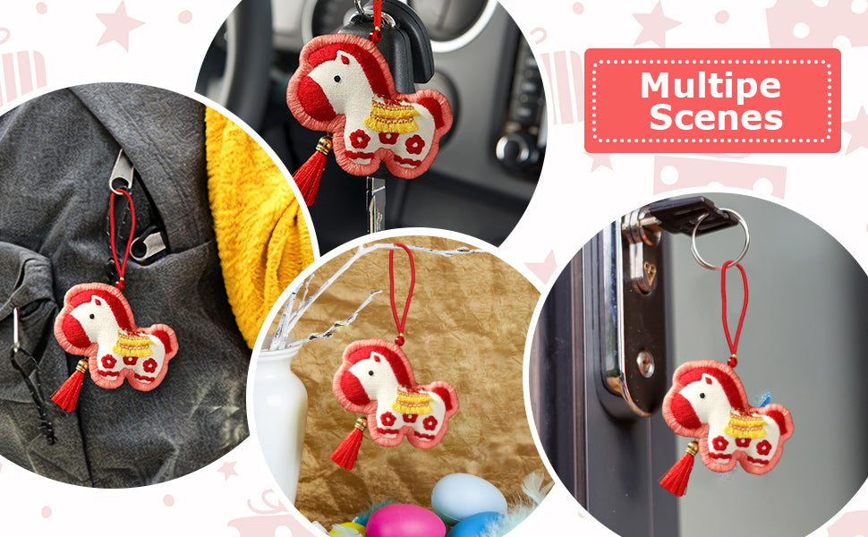 Horse Car Pendant DIY Embroidery Ornaments Kit for Adults Beginners Gift (Red)