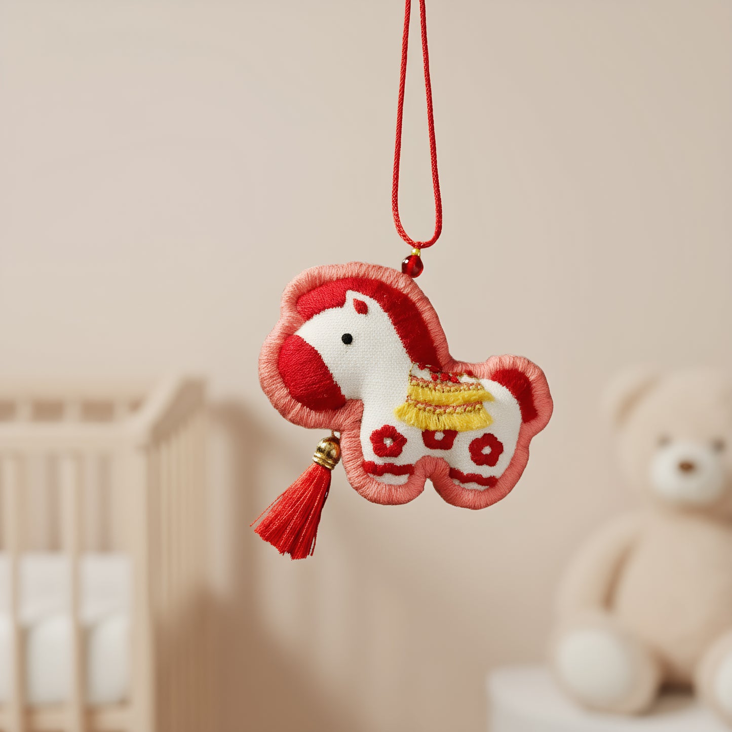 Horse Car Pendant DIY Embroidery Ornaments Kit for Adults Beginners Gift (Red)
