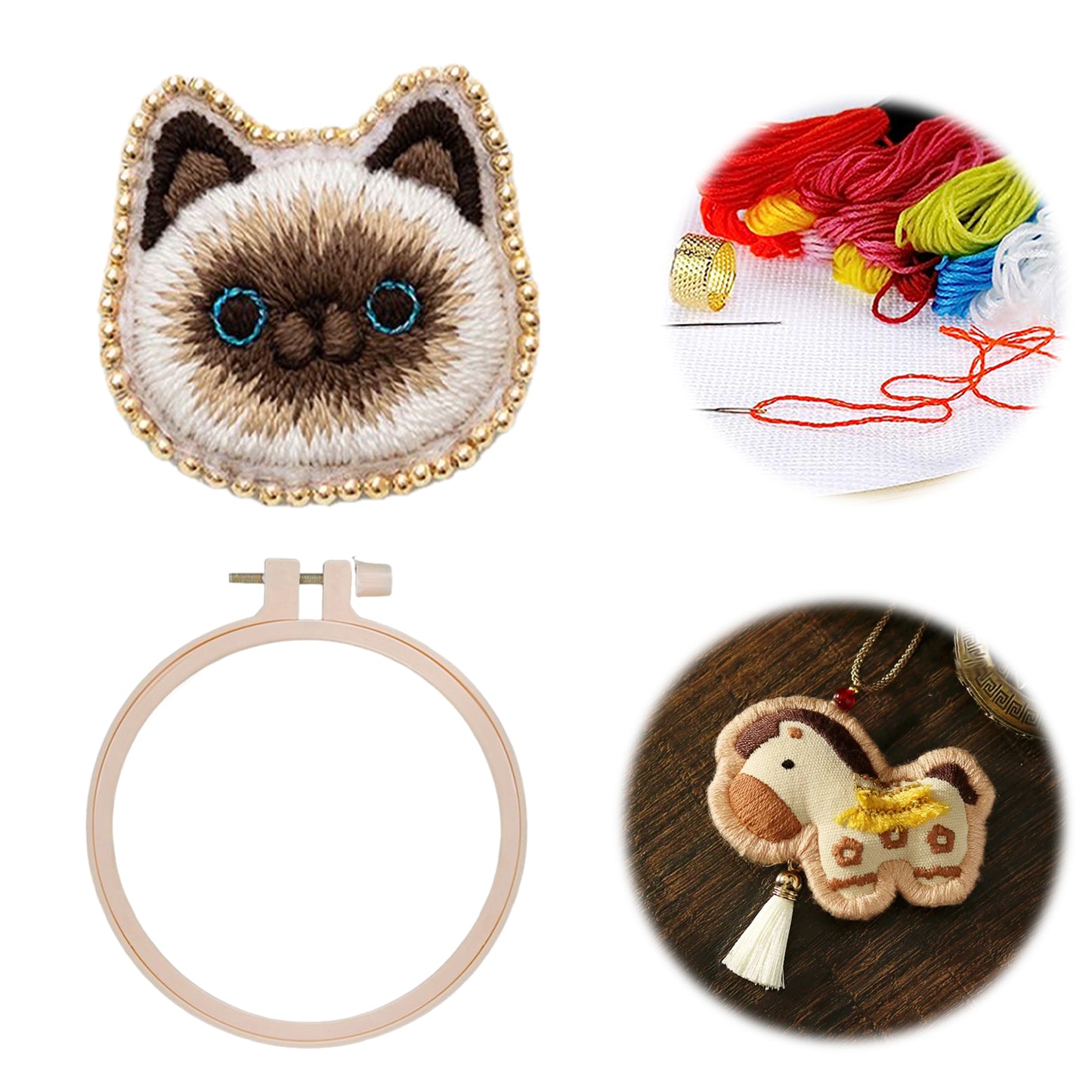 Siamese Cat Brooch DIY Embroidery Kit 3.5x3.5cm w/Embroidery Hoop for Beginners