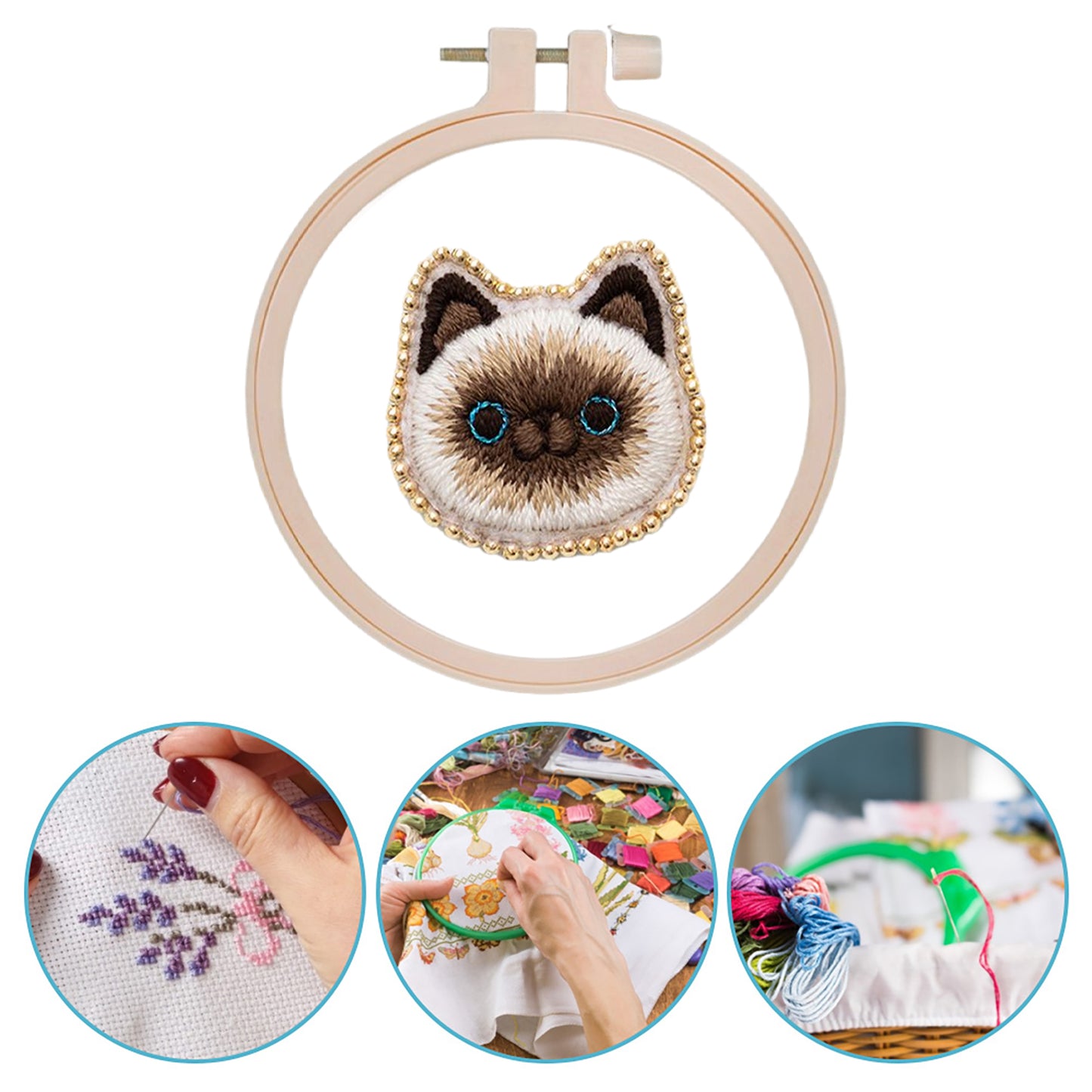 Siamese Cat Brooch DIY Embroidery Kit 3.5x3.5cm w/Embroidery Hoop for Beginners