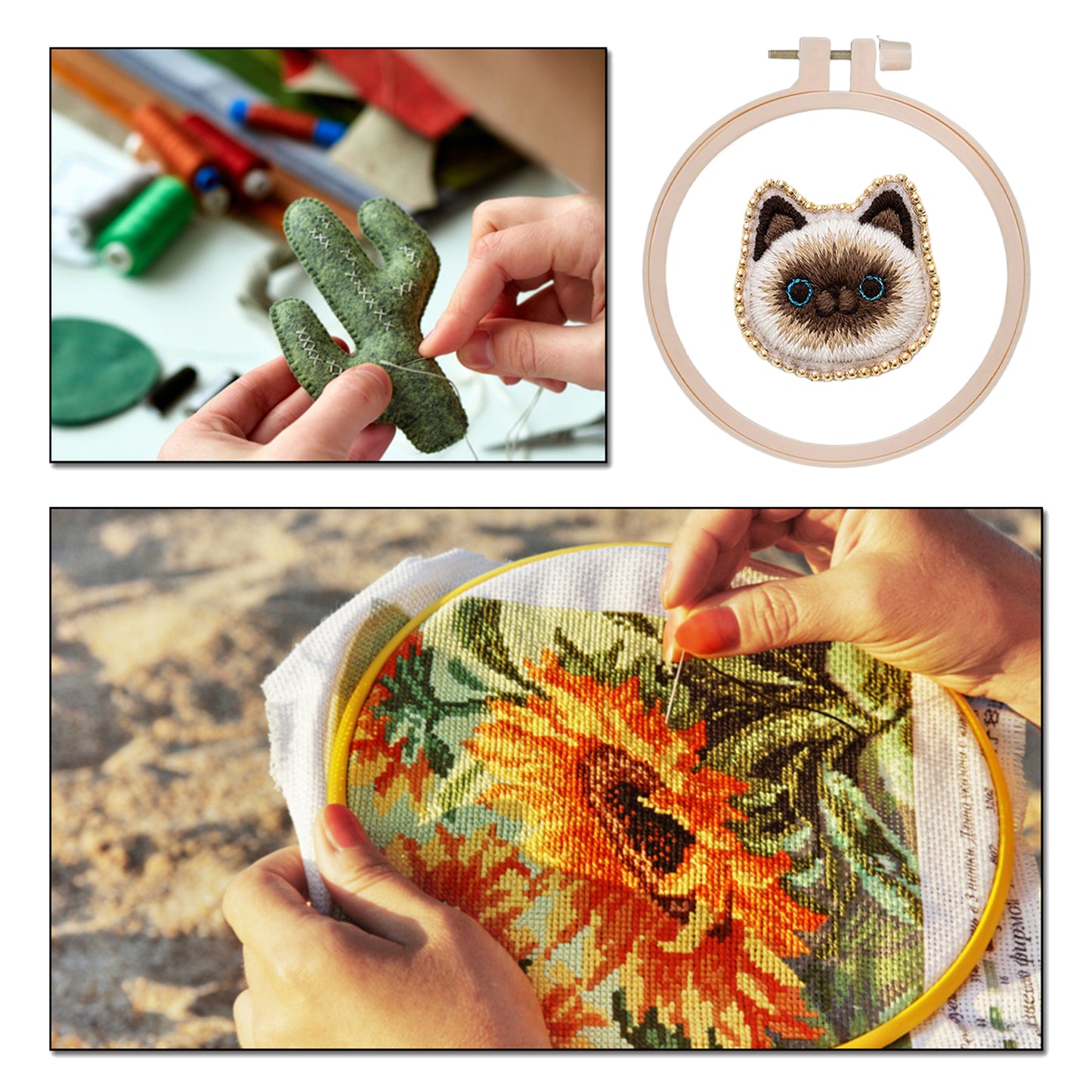 Siamese Cat Brooch DIY Embroidery Kit 3.5x3.5cm w/Embroidery Hoop for Beginners