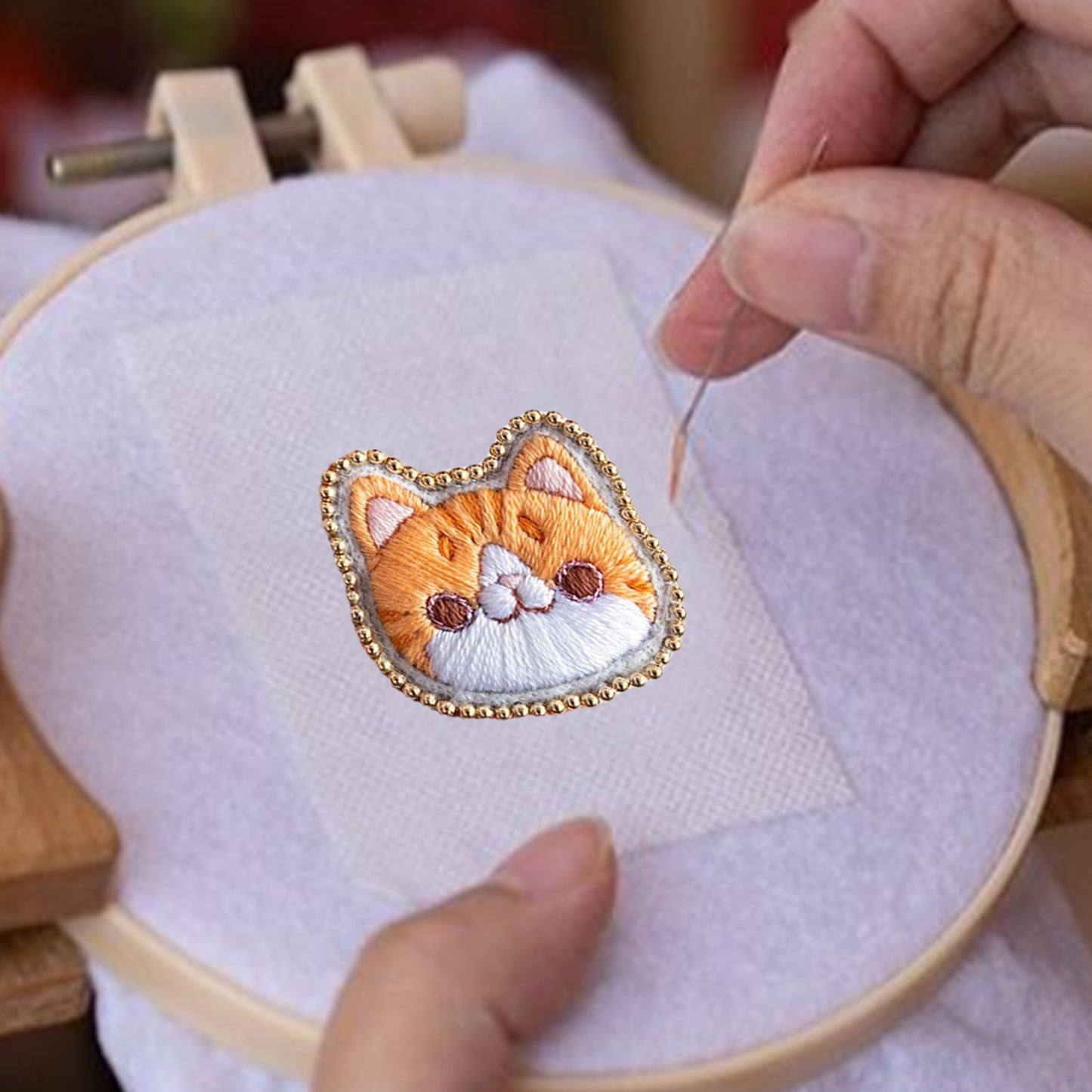 Orange Cat Brooch DIY Embroidery Kit 3.5x3.5cm w/Embroidery Hoop for Beginners