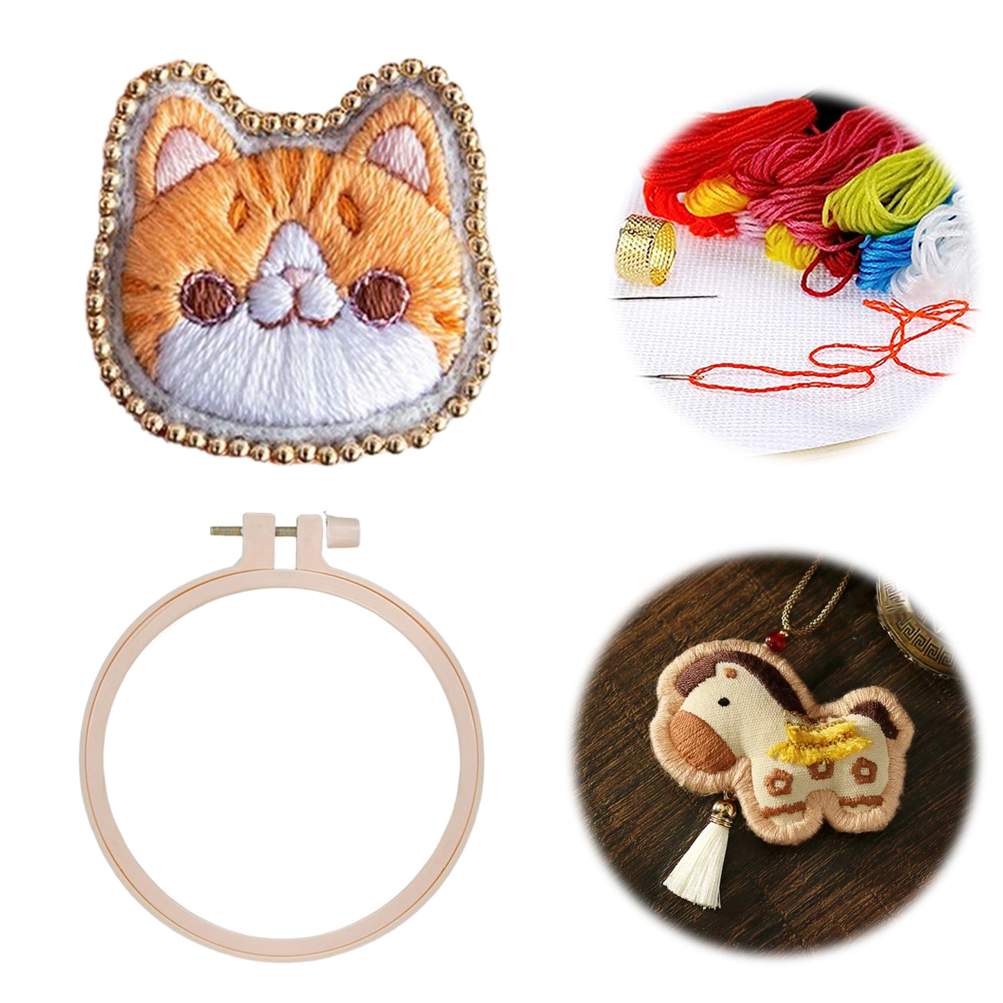 Orange Cat Brooch DIY Embroidery Kit 3.5x3.5cm w/Embroidery Hoop for Beginners