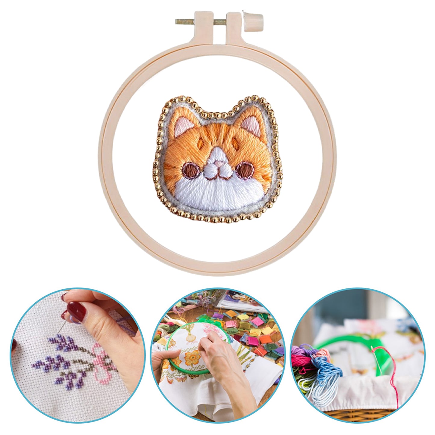 Orange Cat Brooch DIY Embroidery Kit 3.5x3.5cm w/Embroidery Hoop for Beginners