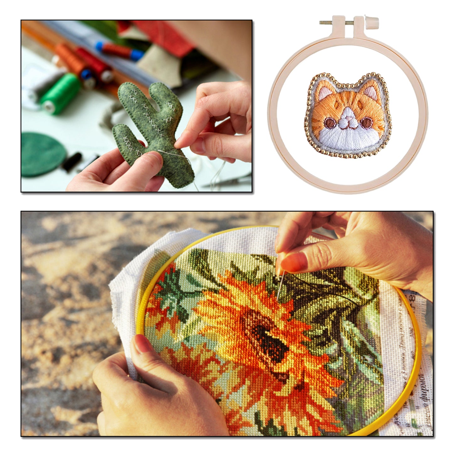 Orange Cat Brooch DIY Embroidery Kit 3.5x3.5cm w/Embroidery Hoop for Beginners