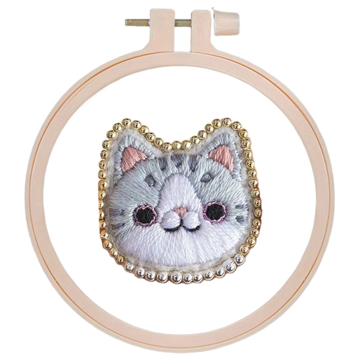 Blue Gray Cat Brooch DIY Embroidery Kit 3.5x3.5cm w/Embroidery Hoop for Beginner
