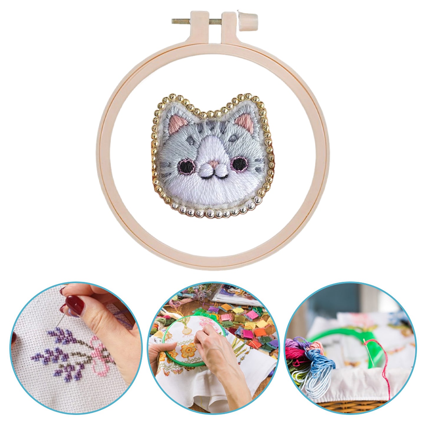 Blue Gray Cat Brooch DIY Embroidery Kit 3.5x3.5cm w/Embroidery Hoop for Beginner