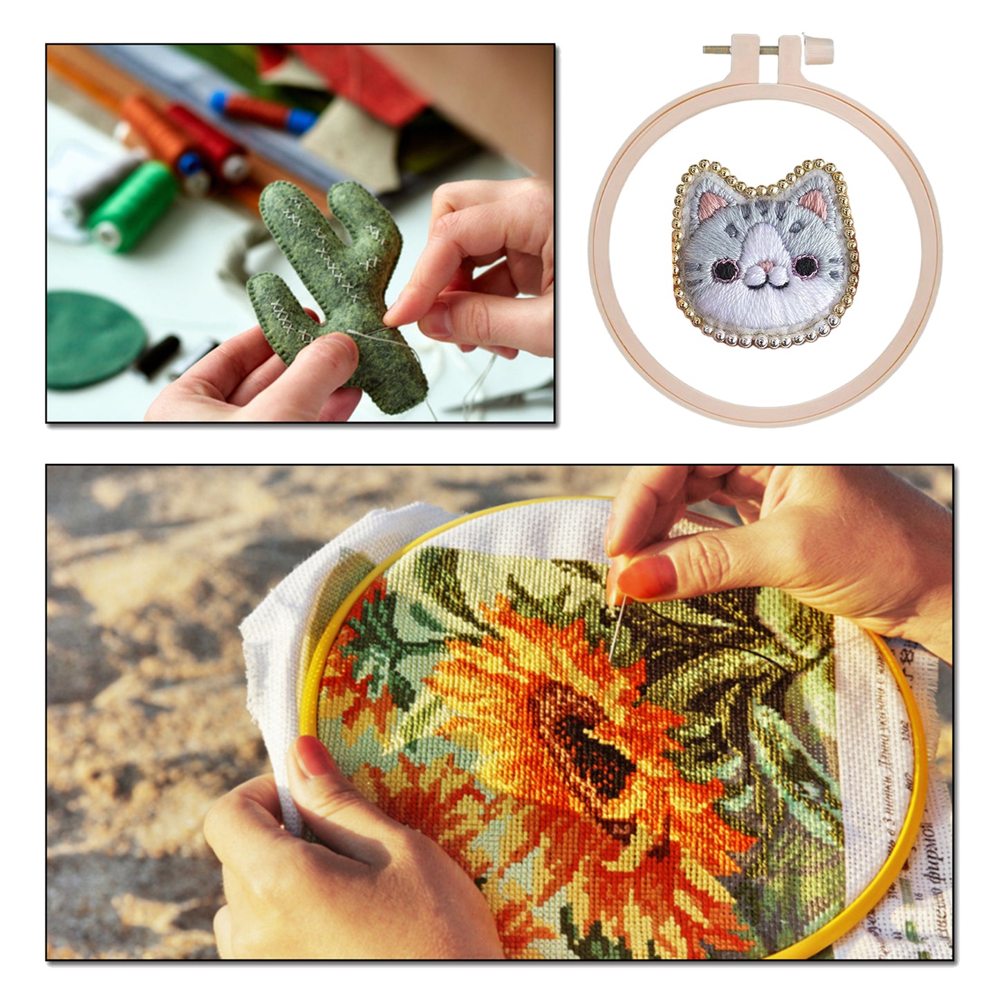 Blue Gray Cat Brooch DIY Embroidery Kit 3.5x3.5cm w/Embroidery Hoop for Beginner