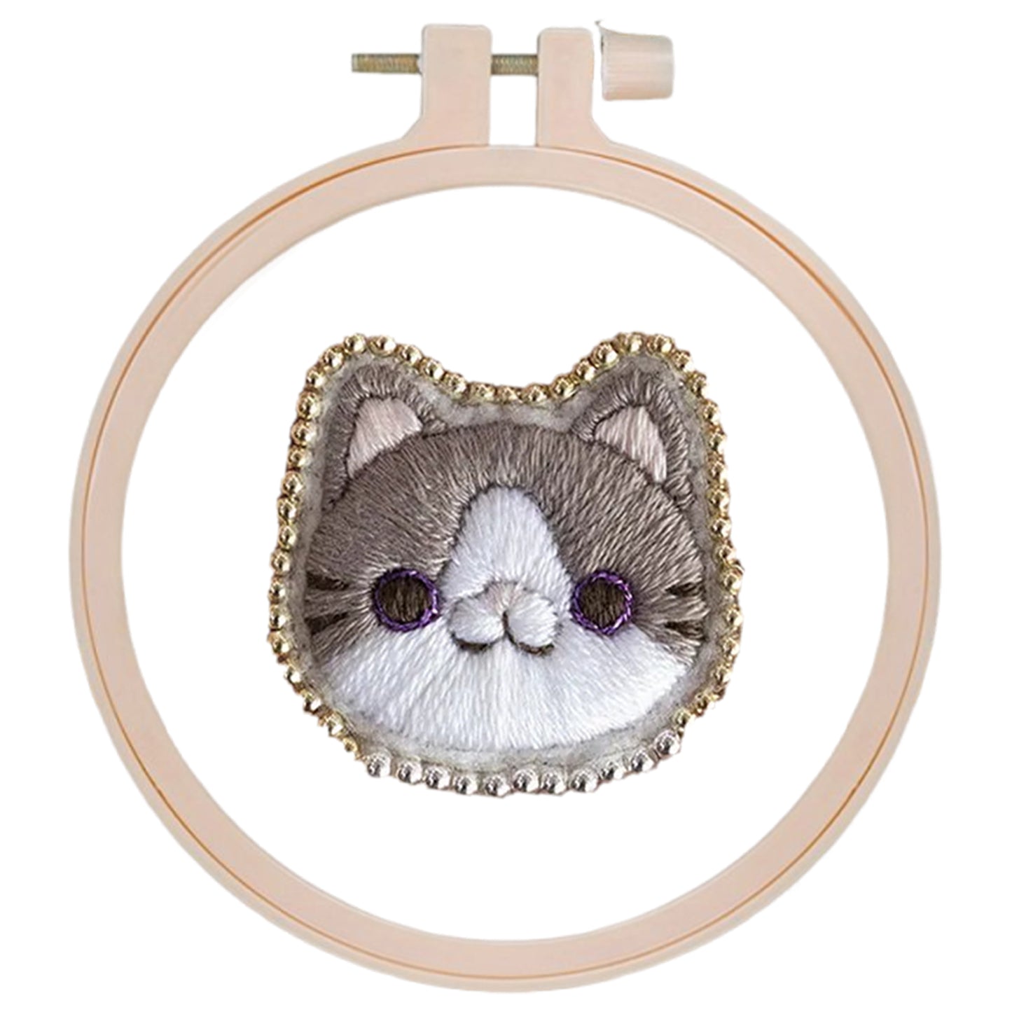 Gray Cat Brooch DIY Embroidery Kit 3.5x3.5cm w/Embroidery Hoop for Beginners