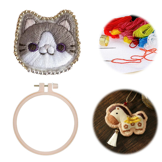 Gray Cat Brooch DIY Embroidery Kit 3.5x3.5cm w/Embroidery Hoop for Beginners