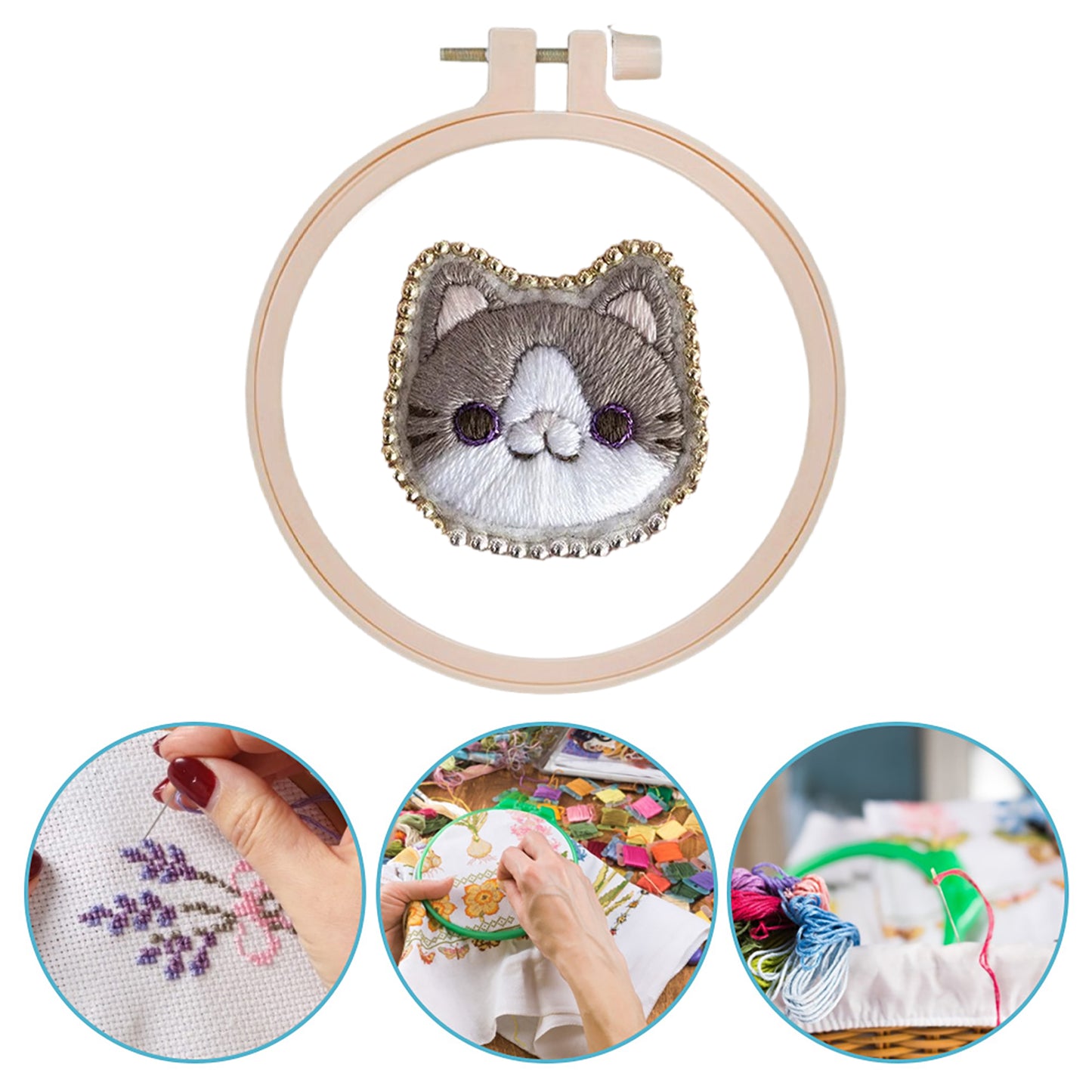 Gray Cat Brooch DIY Embroidery Kit 3.5x3.5cm w/Embroidery Hoop for Beginners