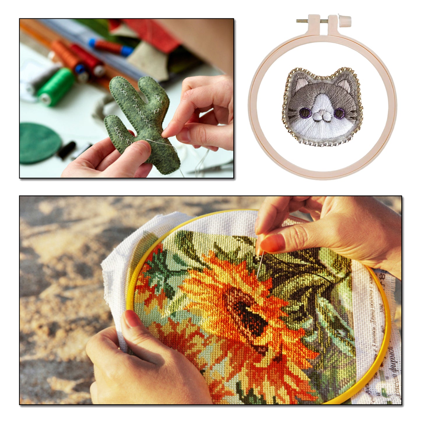 Gray Cat Brooch DIY Embroidery Kit 3.5x3.5cm w/Embroidery Hoop for Beginners