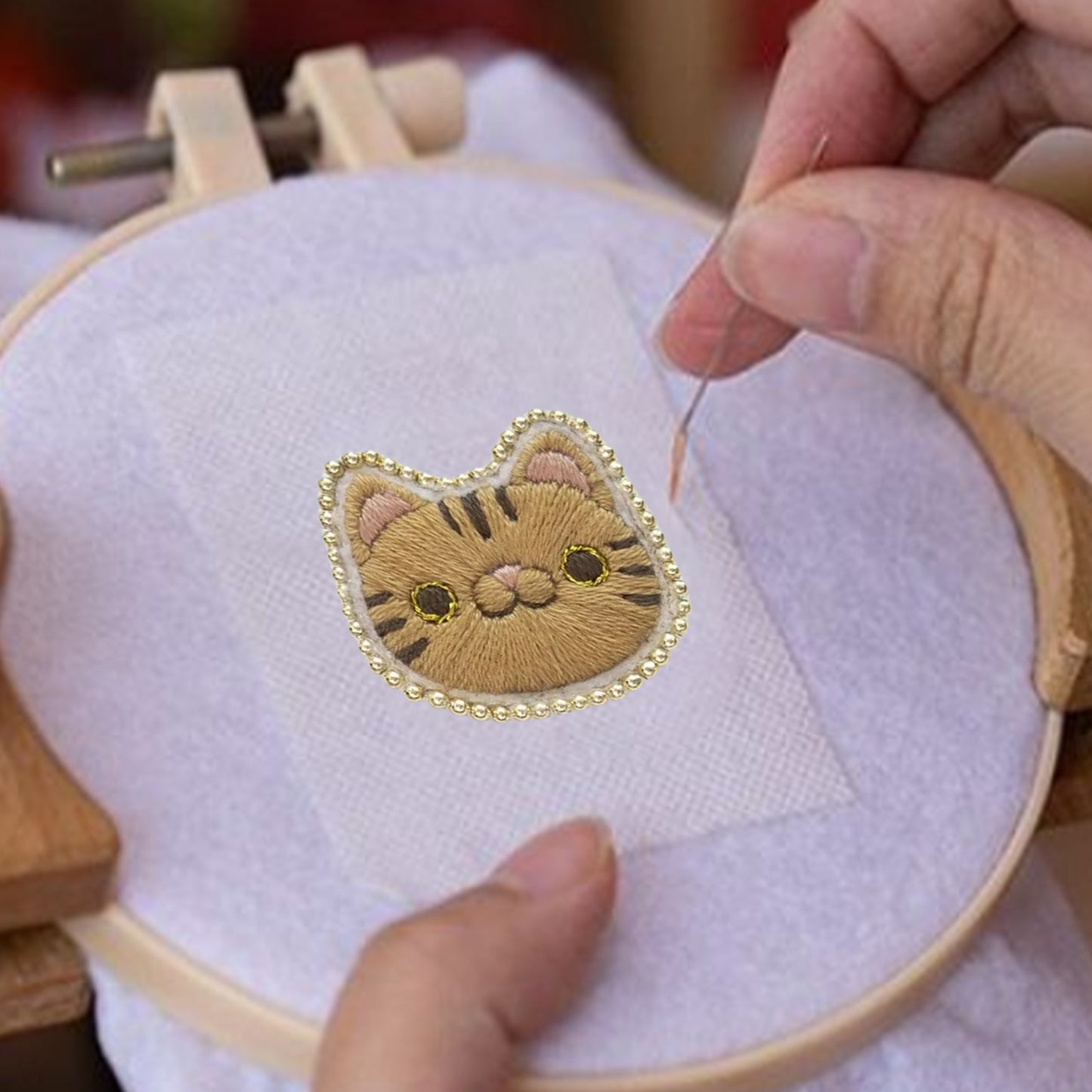 Yellow Cat Brooch DIY Embroidery Kit 3.5x3.5cm w/Embroidery Hoop for Beginners