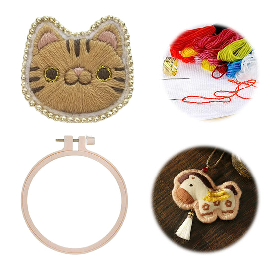 Yellow Cat Brooch DIY Embroidery Kit 3.5x3.5cm w/Embroidery Hoop for Beginners
