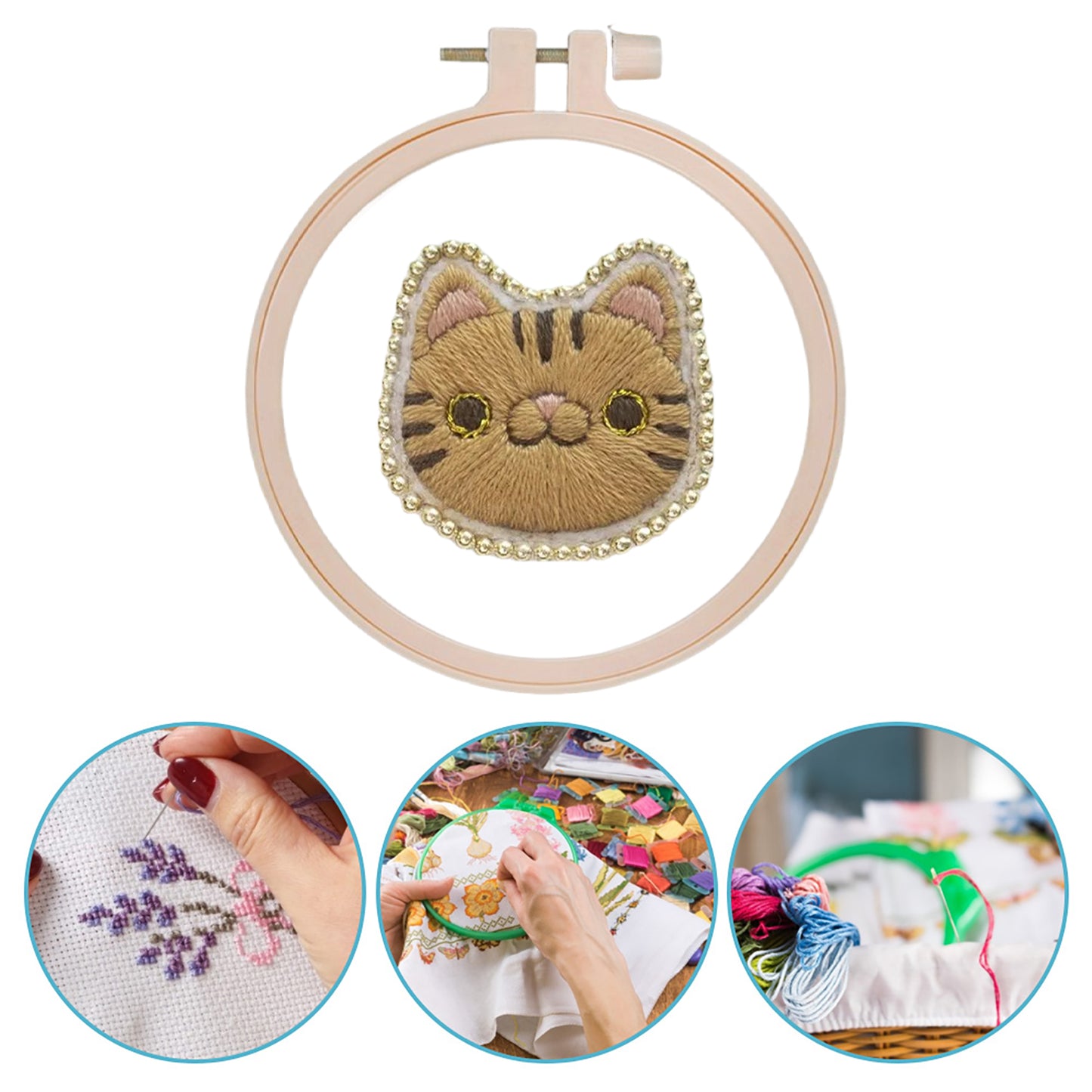 Yellow Cat Brooch DIY Embroidery Kit 3.5x3.5cm w/Embroidery Hoop for Beginners