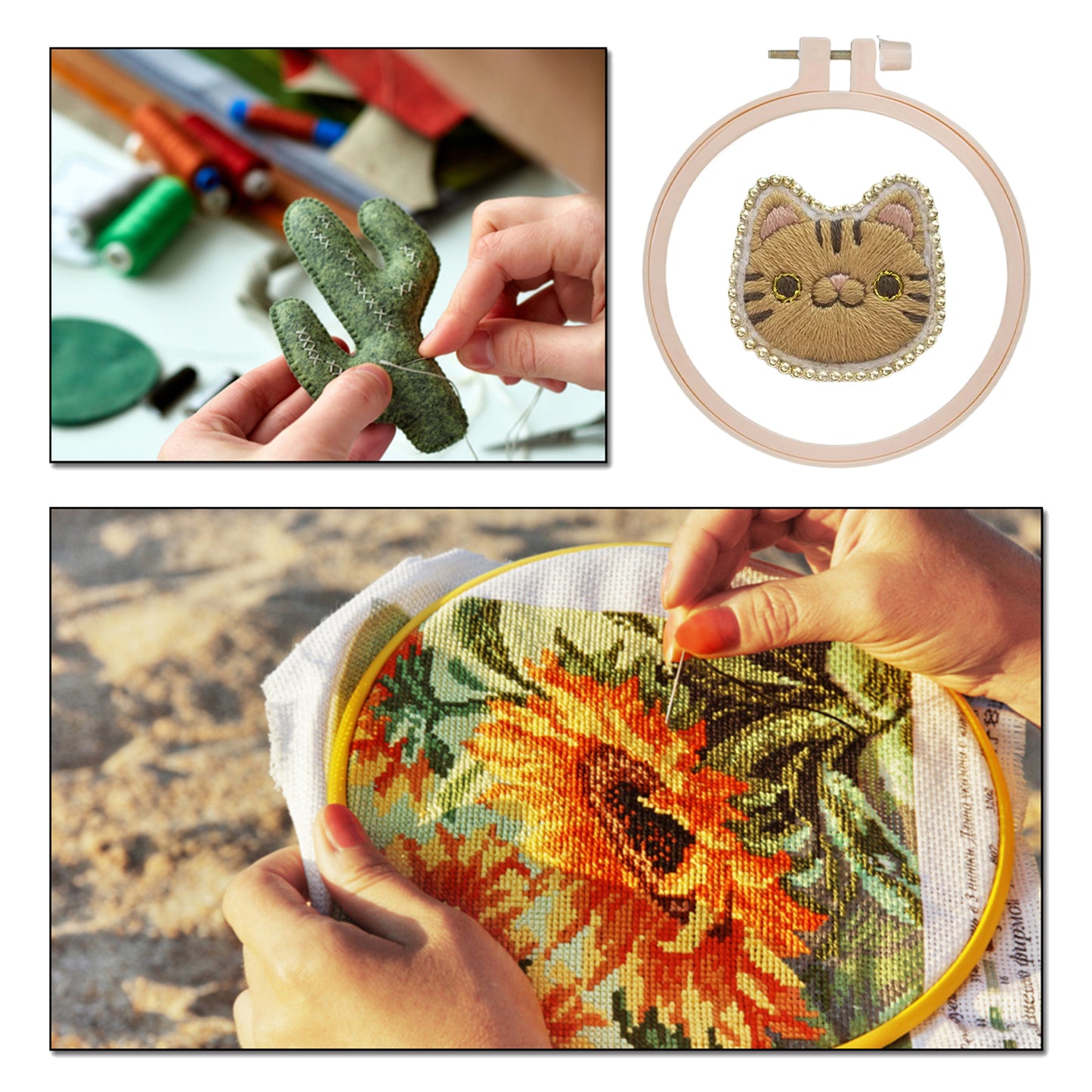 Yellow Cat Brooch DIY Embroidery Kit 3.5x3.5cm w/Embroidery Hoop for Beginners