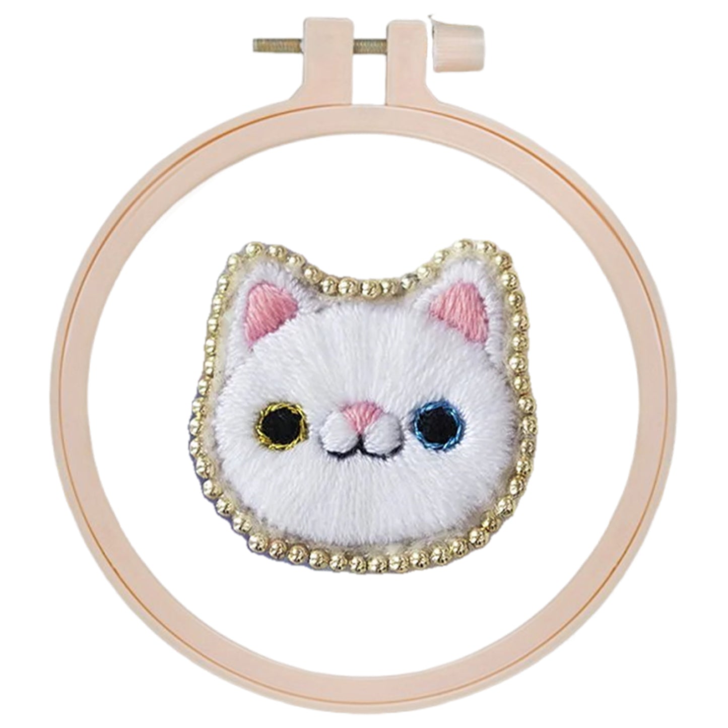 White Cat Brooch DIY Embroidery Kit 3.5x3.5cm w/Embroidery Hoop for Beginners