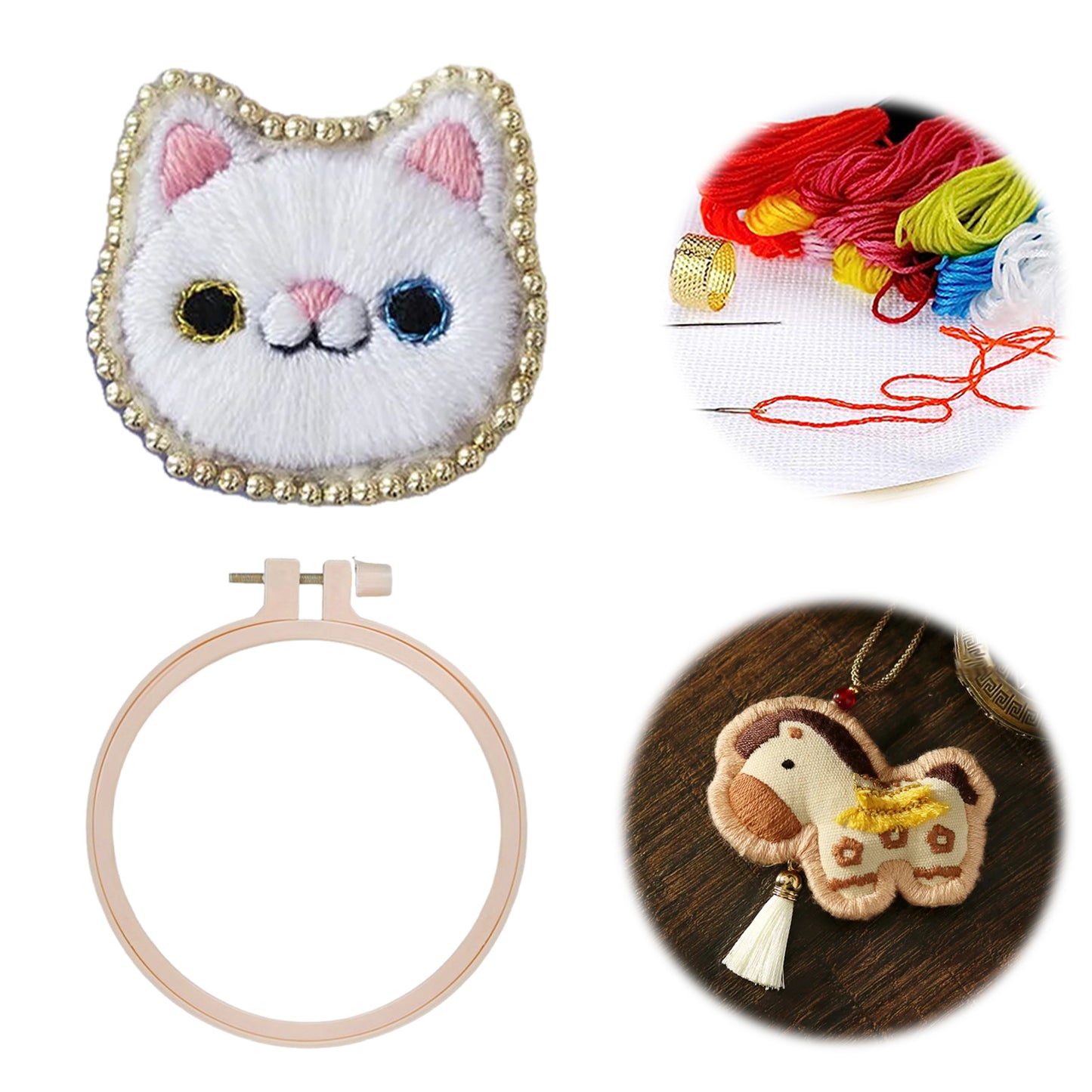 White Cat Brooch DIY Embroidery Kit 3.5x3.5cm w/Embroidery Hoop for Beginners