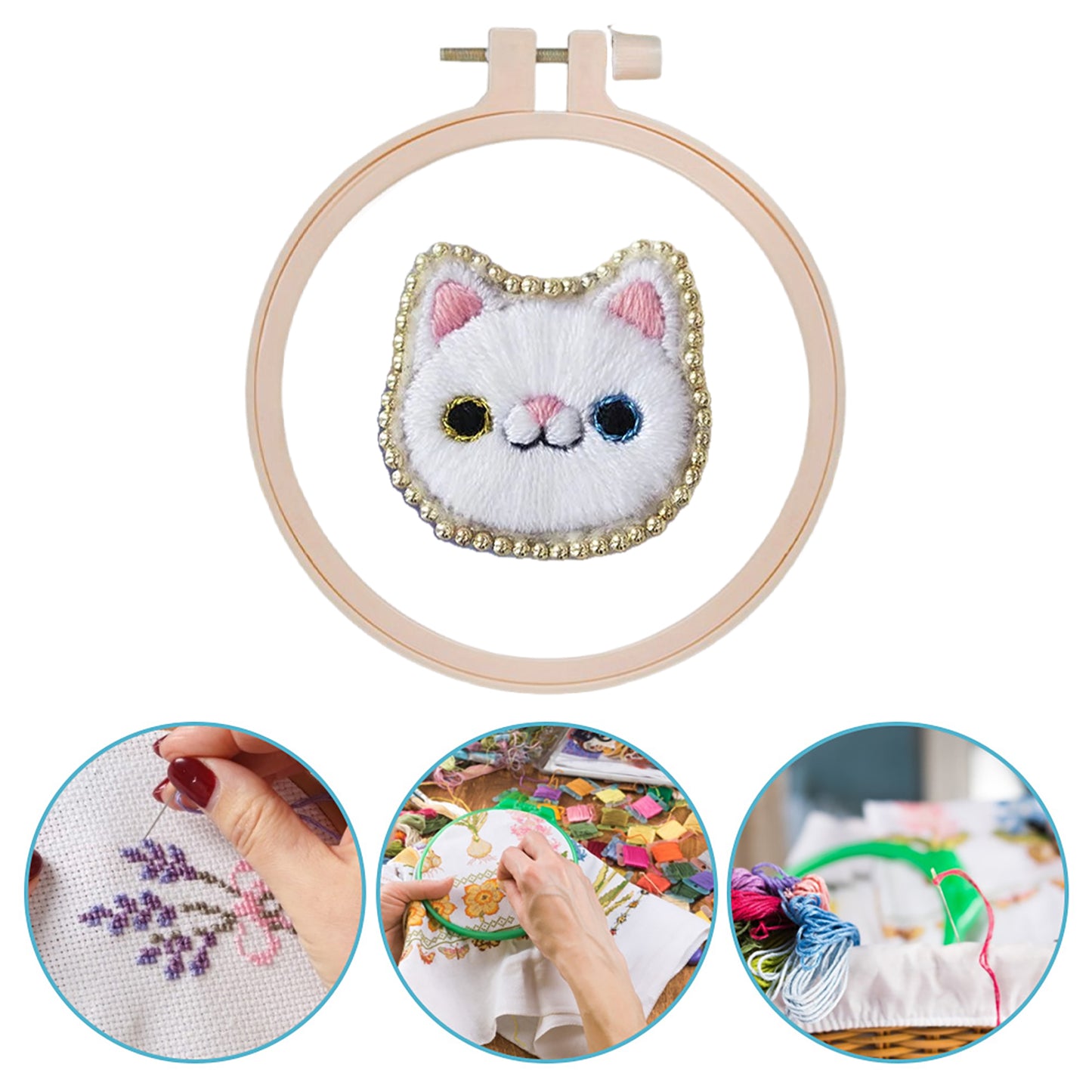 White Cat Brooch DIY Embroidery Kit 3.5x3.5cm w/Embroidery Hoop for Beginners