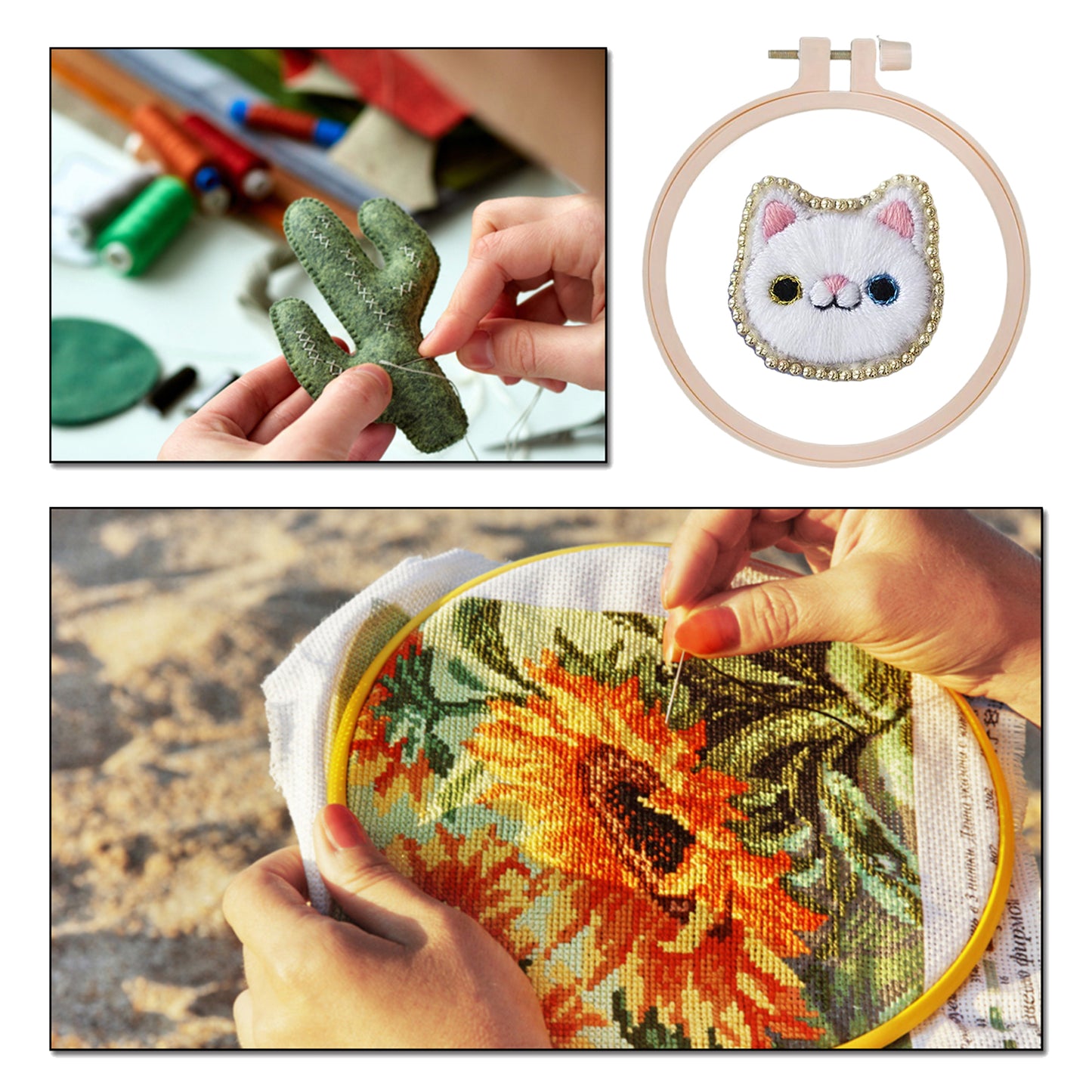 White Cat Brooch DIY Embroidery Kit 3.5x3.5cm w/Embroidery Hoop for Beginners