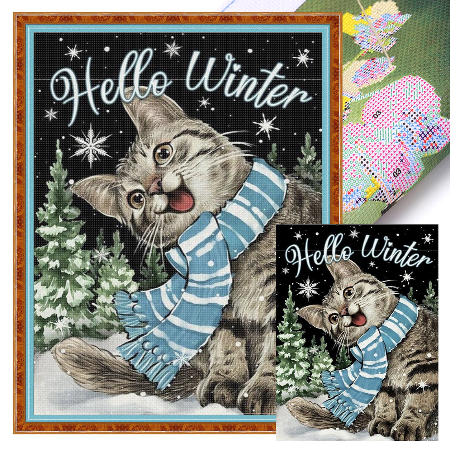 Winter Tabby Cat - Full 11CT Stamped Cross Stitch 40x55CM - Huacan