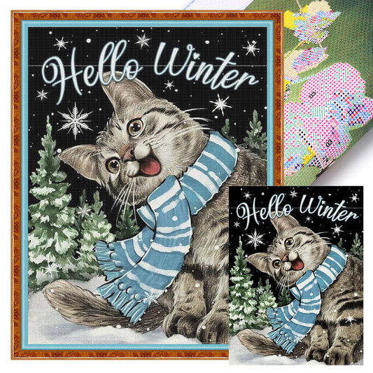 Winter Tabby Cat - Full 11CT Stamped Cross Stitch 40x55CM - Huacan