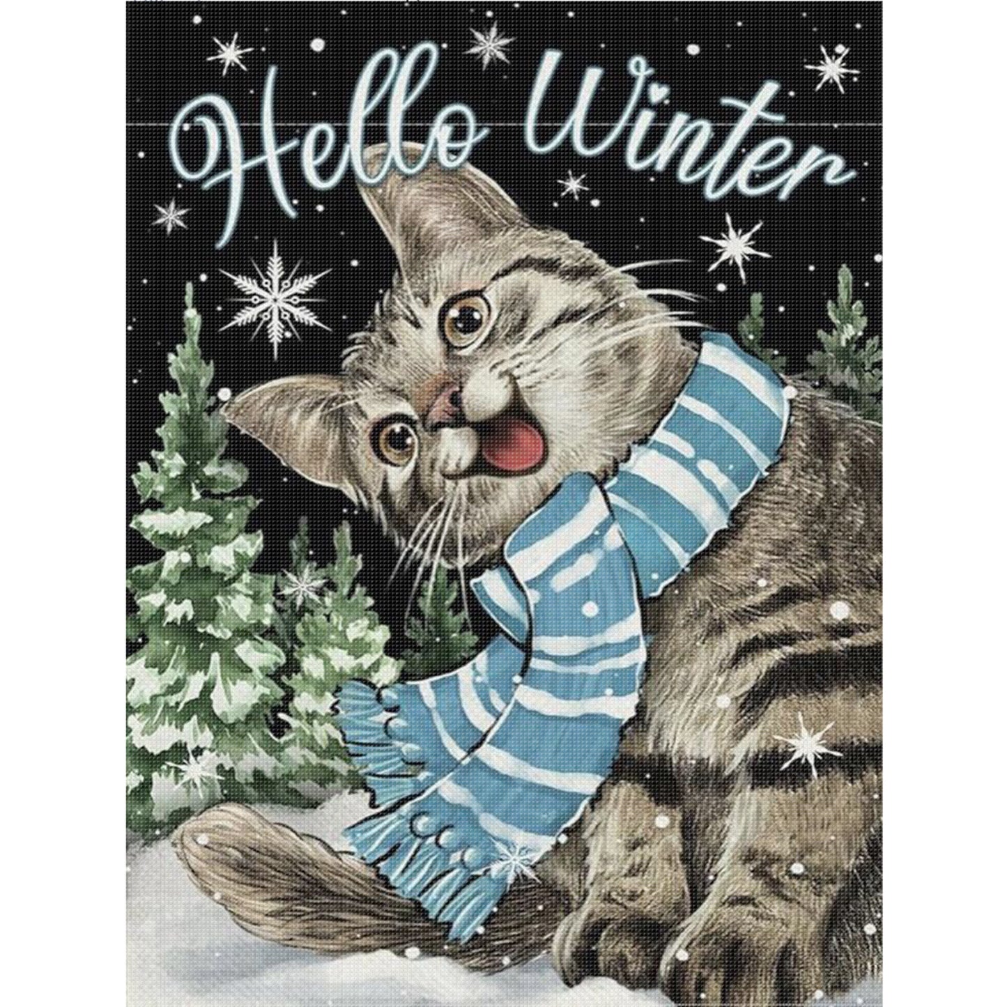 Winter Tabby Cat - Full 11CT Stamped Cross Stitch 40x55CM - Huacan