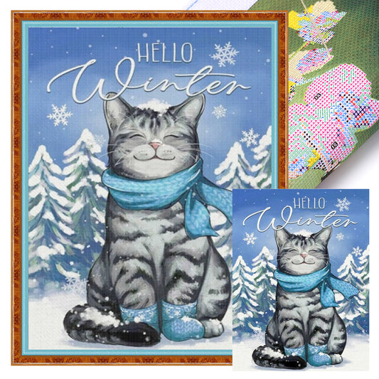 Winter Shorthair Cat - Full 11CT Stamped Cross Stitch 40x55CM - Huacan