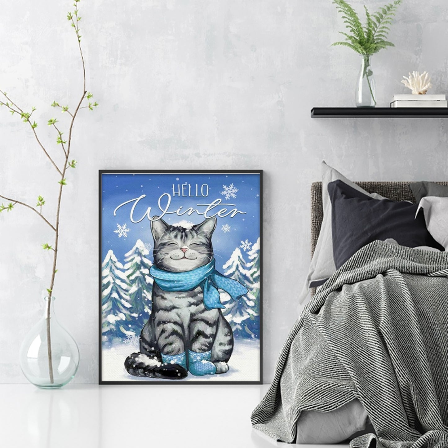 Winter Shorthair Cat - Full 11CT Stamped Cross Stitch 40x55CM - Huacan