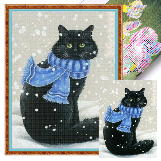 Winter Black Cat - Full 11CT Stamped Cross Stitch 40x55CM - Huacan
