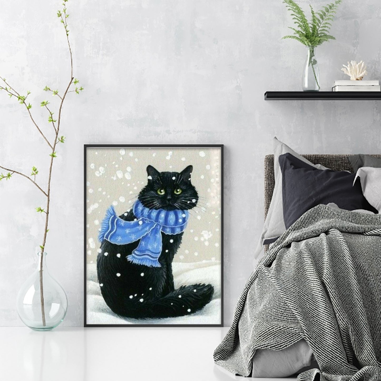 Winter Black Cat - Full 11CT Stamped Cross Stitch 40x55CM - Huacan