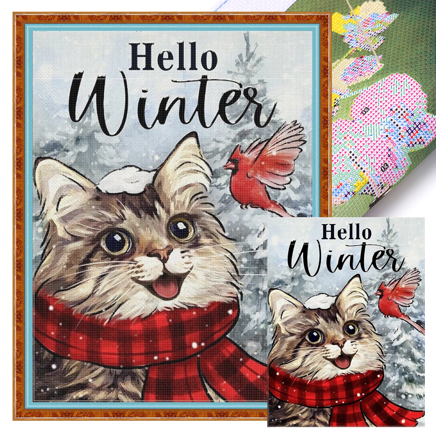 Winter Cat And Bird - Full 11CT Stamped Cross Stitch 40x55CM - Huacan