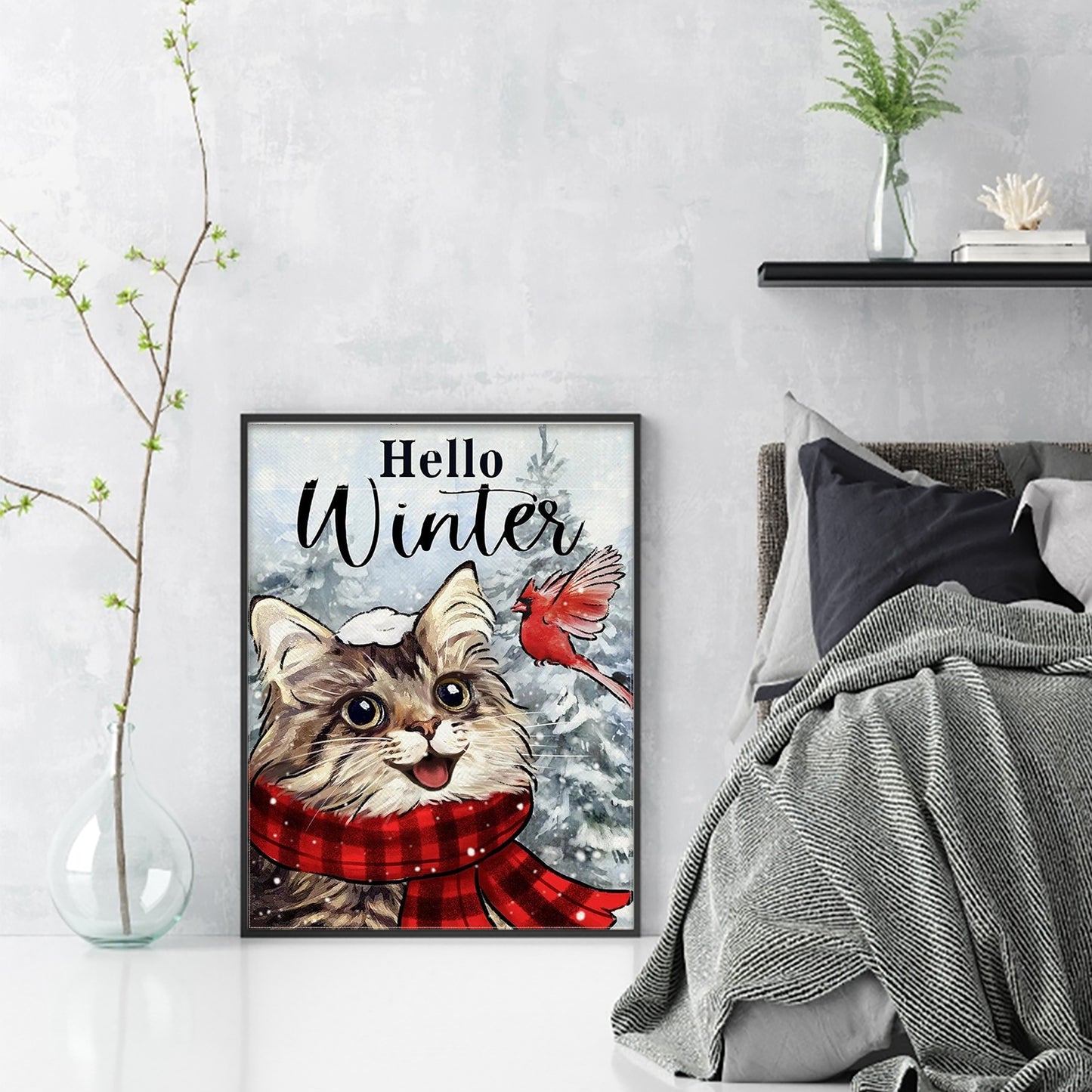 Winter Cat And Bird - Full 11CT Stamped Cross Stitch 40x55CM - Huacan