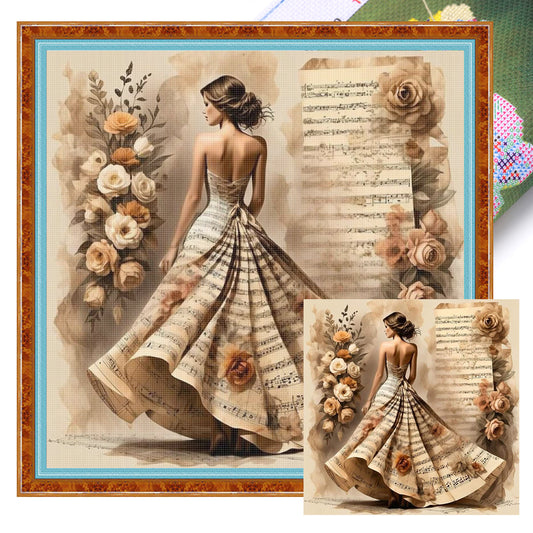 Musical Note Skirt Girl - Full 11CT Stamped Cross Stitch 45x45CM - Huacan