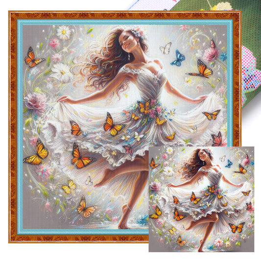 Butterfly And Girl - Full 11CT Stamped Cross Stitch 45x45CM - Huacan