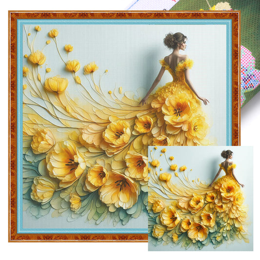 Flower Skirt Girl - Full 11CT Stamped Cross Stitch 45x45CM - Huacan