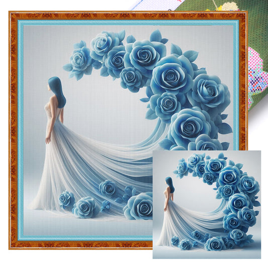 Blue Flower Skirt Girl - Full 11CT Stamped Cross Stitch 45x45CM - Huacan