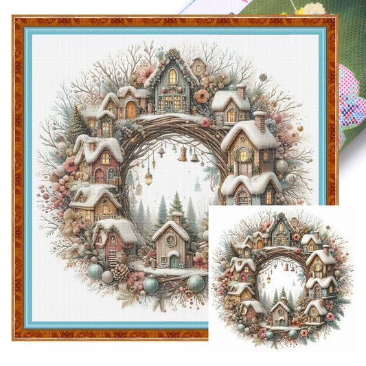 Flower Wreath - Full 14CT Stamped Cross Stitch 40x40CM - Huacan
