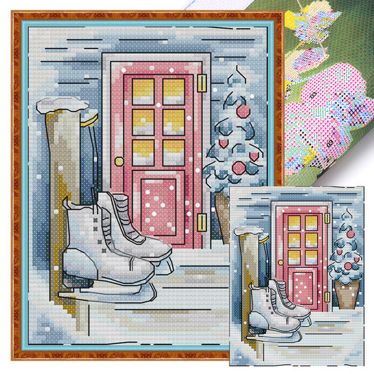 Winter Snow Scene - Full 14CT Stamped Cross Stitch 15x18CM - Joy Sunday Backstitch