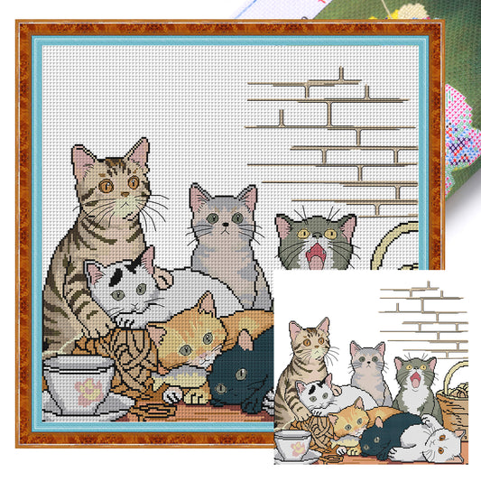 Seven Cats - Partial 14CT Stamped Cross Stitch 48x45CM - Joy Sunday Backstitch